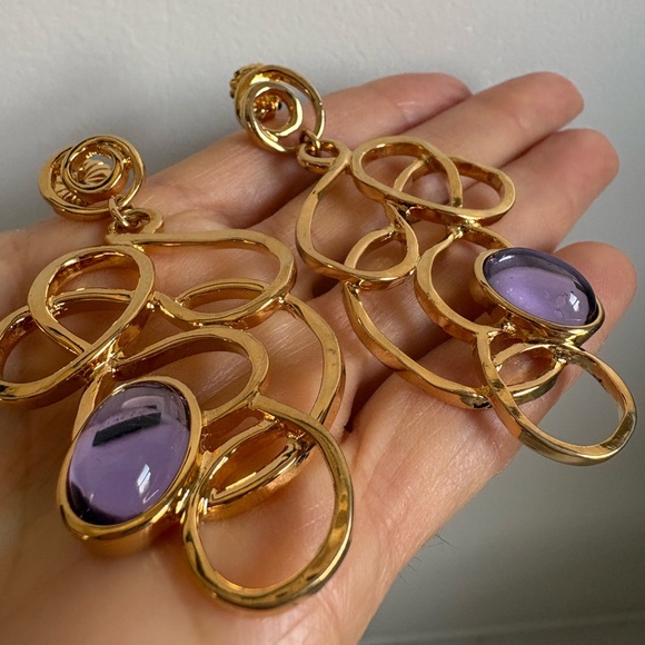 1993 Vtg Avon Faux Amethyst Gold Tone Brooch & Earrings Set Bold 90s Statement - Picture 3 of 16